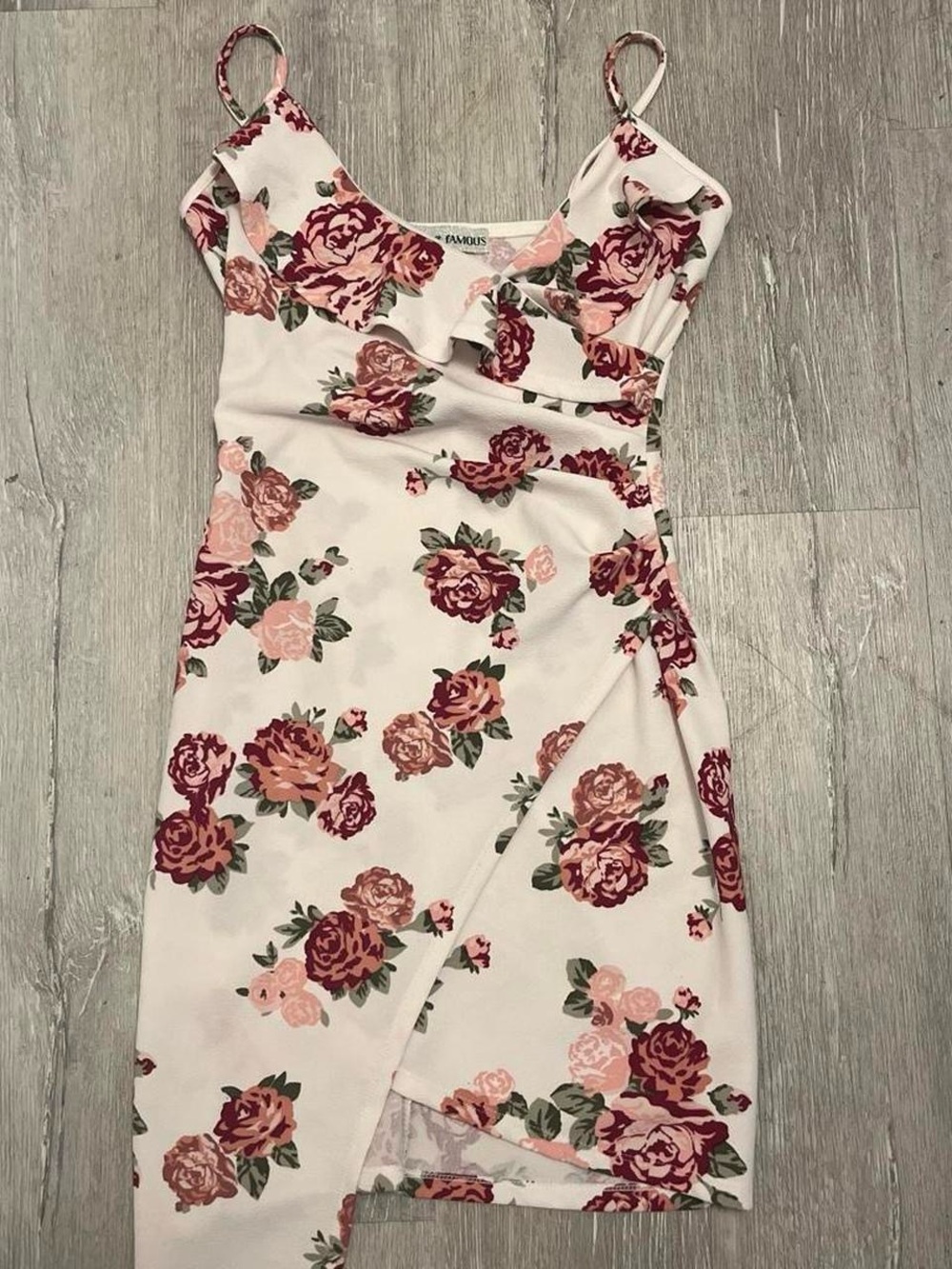 Almost Famous White Mini Dress with Pink & Burgundy Rose Print